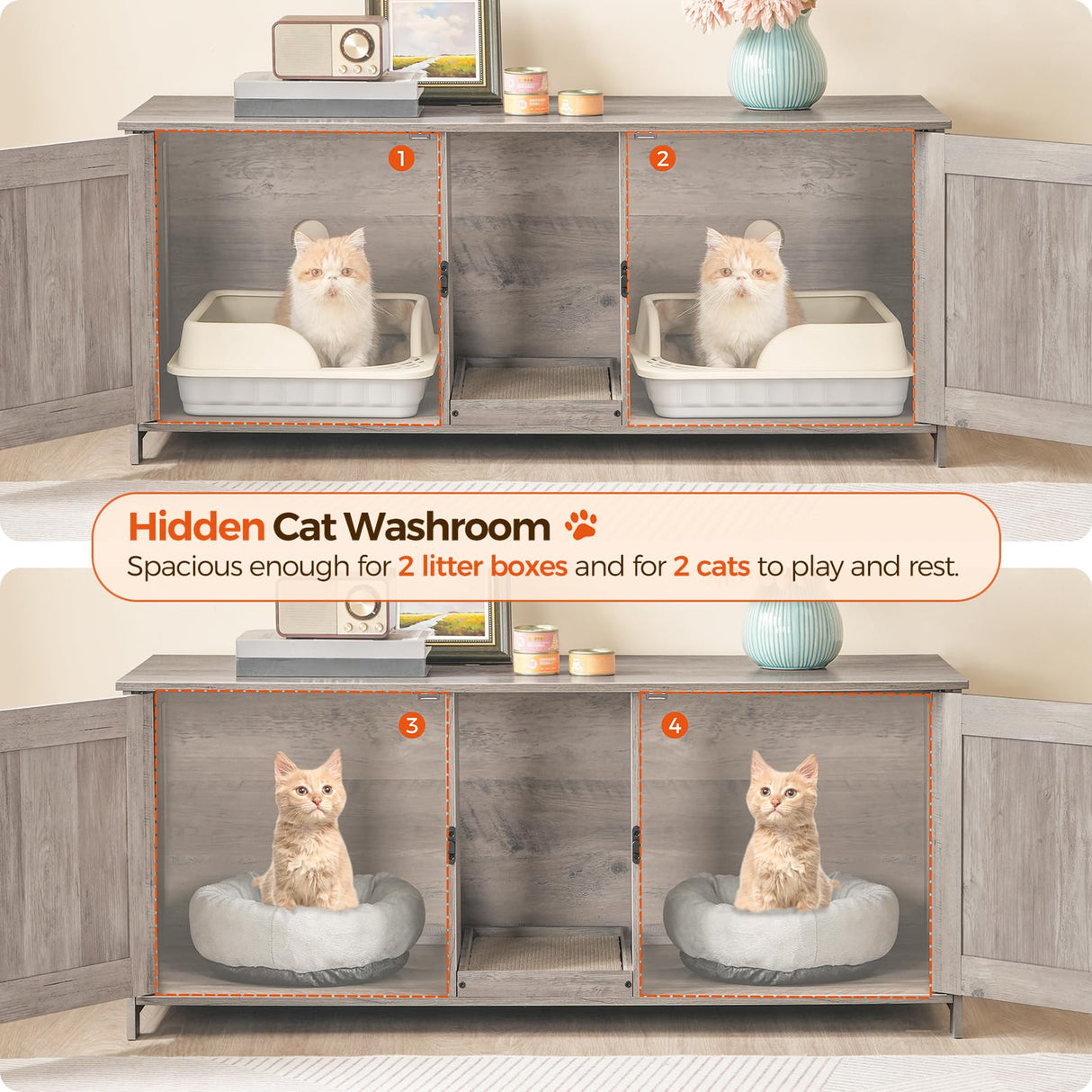 MAHANCRIS Cat Litter Box Enclosure for 2 Cats, 47.2" Hidden Cat Litter Box Furniture with Double Room, Wooden Cat Washroom Cabinet with Scratching Board, Indoor Cat House End Table, Greige CWHG1201 MAHANCRIS
