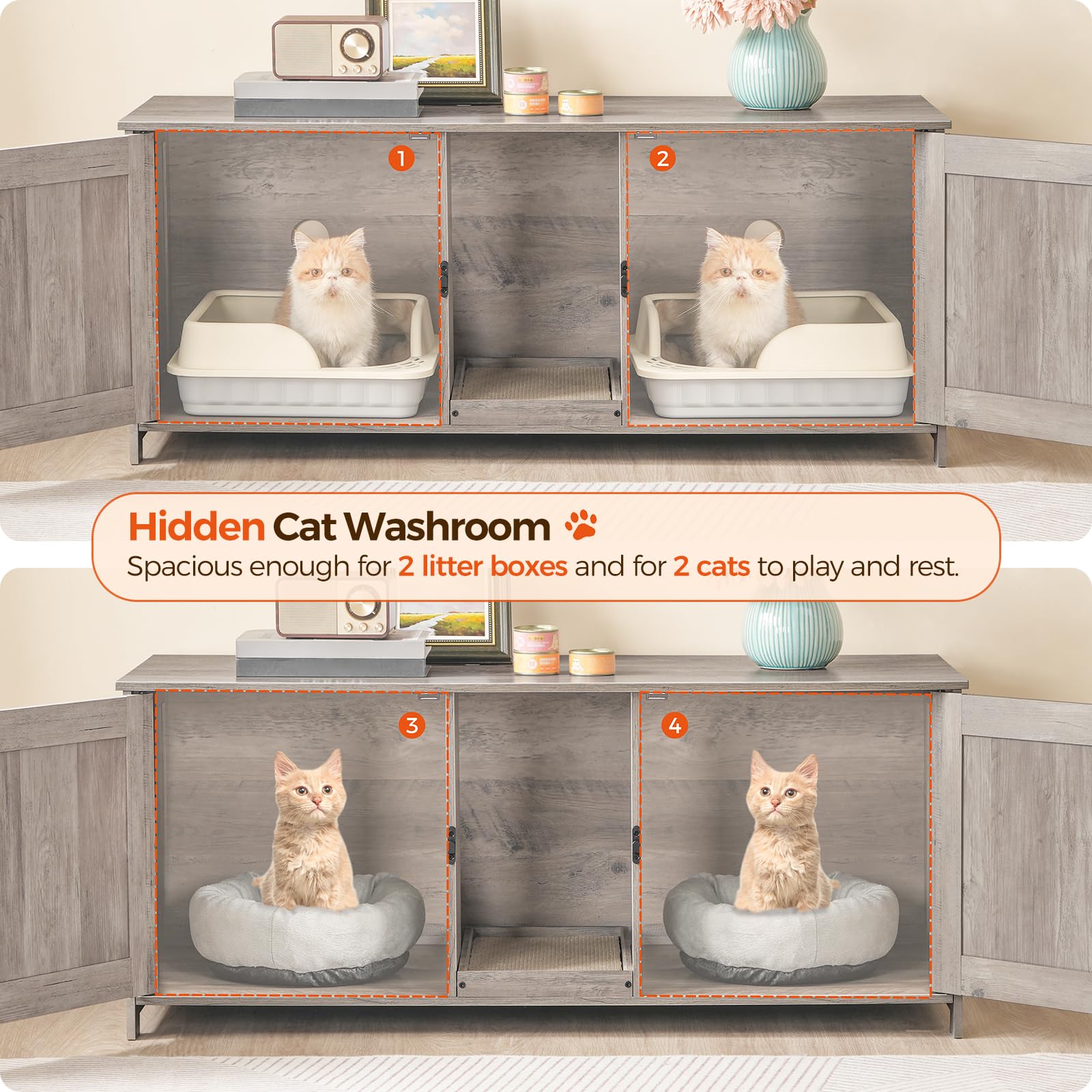 MAHANCRIS Cat Litter Box Enclosure for 2 Cats, 47.2" Hidden Cat Litter Box Furniture with Double Room, Wooden Cat Washroom Cabinet with Scratching Board, Indoor Cat House End Table, Greige CW - WoodArtSupply