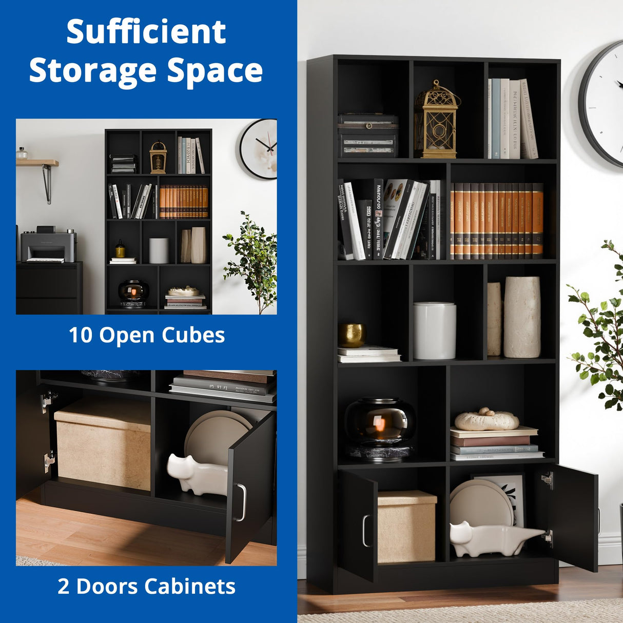 Cozy Castle 70" Tall Black Bookshelf with 12 Cubes and 2 Doors, 4-Tier Open Shelf Bookcase with Cabinet, Modern Cube Storage Organizer for Living Room, and Office Cozy Castle