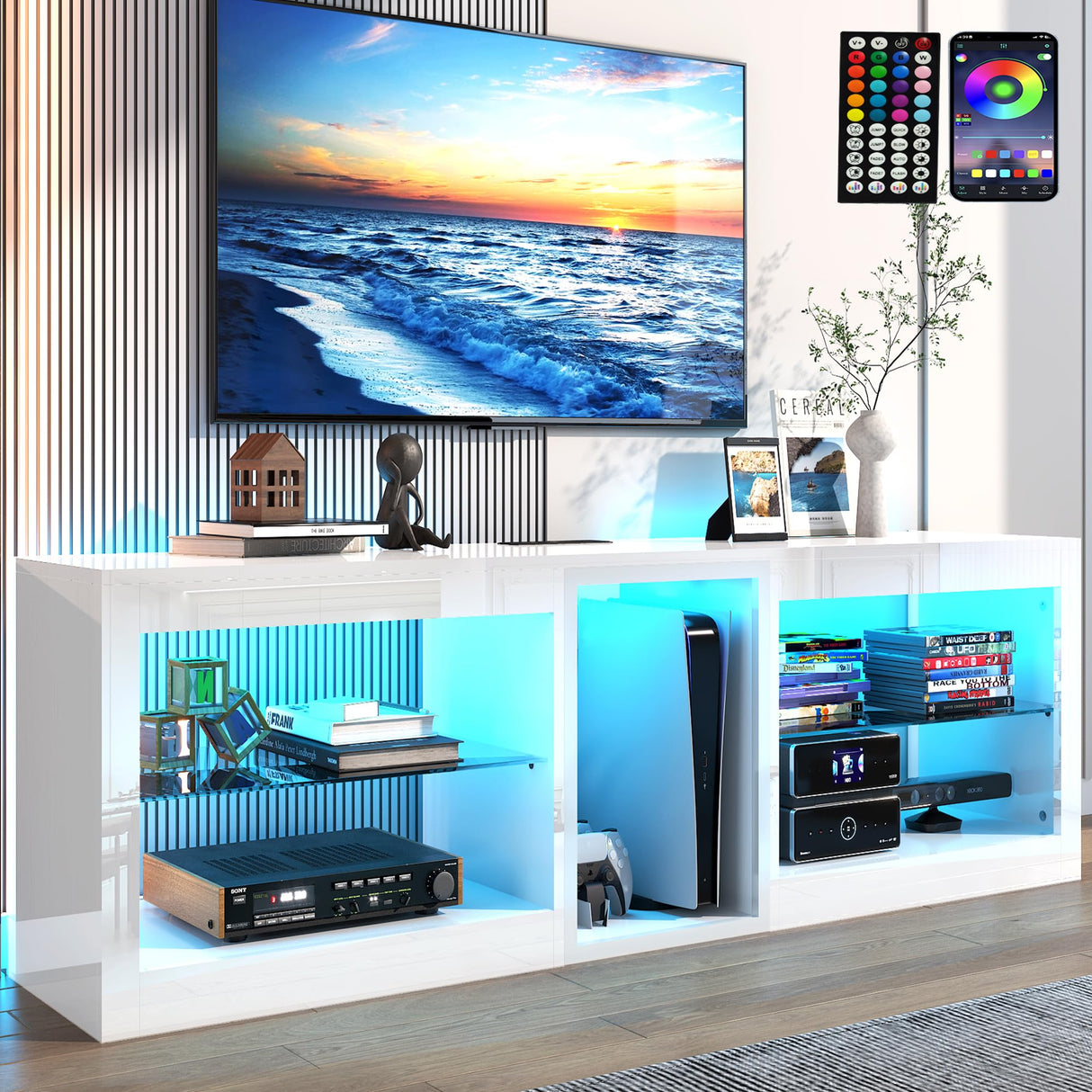 Vinctik 6&Fox High Gloss LED TV Stands w/Power Outlet,60,000-Colors Lighting for 55 60 65 70in TV,Modern White LED Entertainment Center w/Adjustable Glass Shelves for Living Room Gameroom Bedroom Vinctik 6&Fox