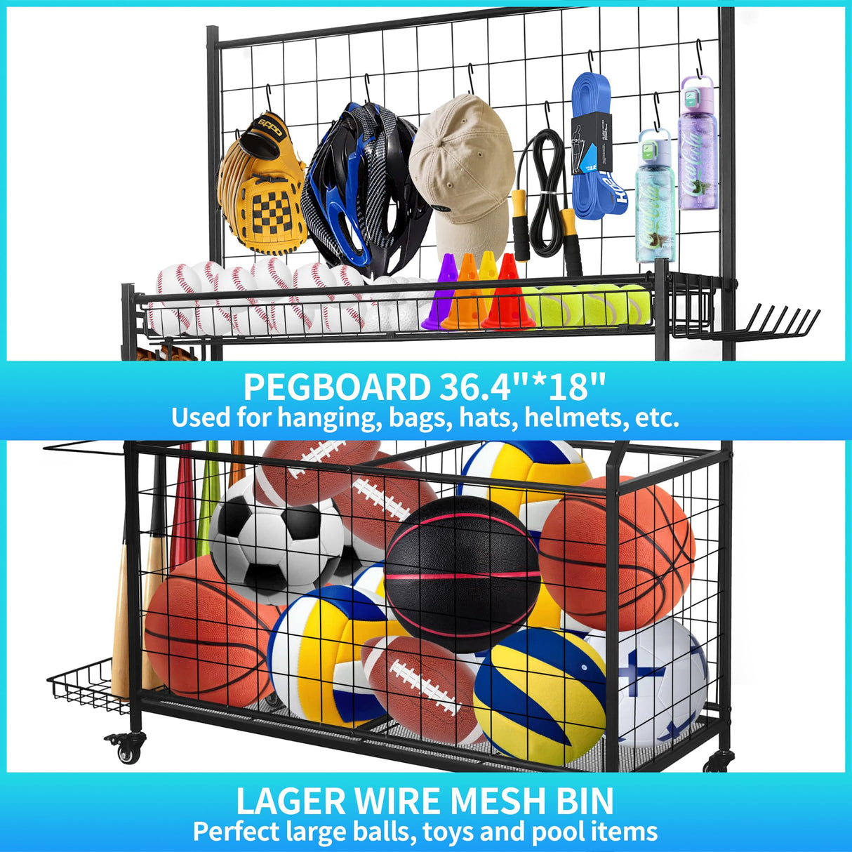 MUONM Sports Equipment Organizer,Garage Ball Storage Rack with Basketball Rack,Golf Bag Organizer Toy Sports Gear Storage with Hooks and Rolling Wheels Cart,Black MUONM