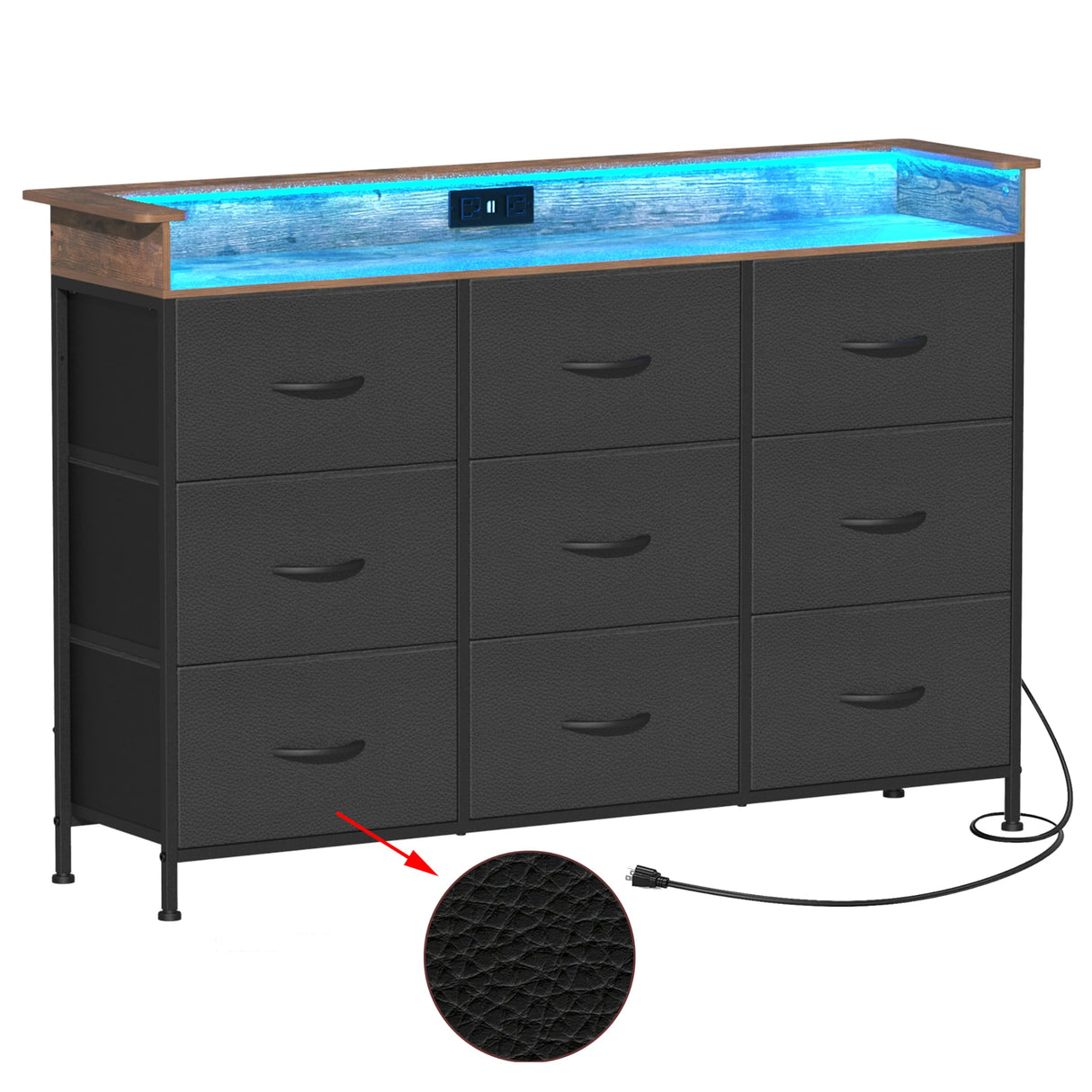 EXOTICA Black Dresser for Bedroom with Charging Station 9 Drawers Dresser with LED Light and USB Ports for Hallway Entryway Closets Sturdy Steel Frame Wood Top (Faux Leather Fabric Drawer) EXOTICA