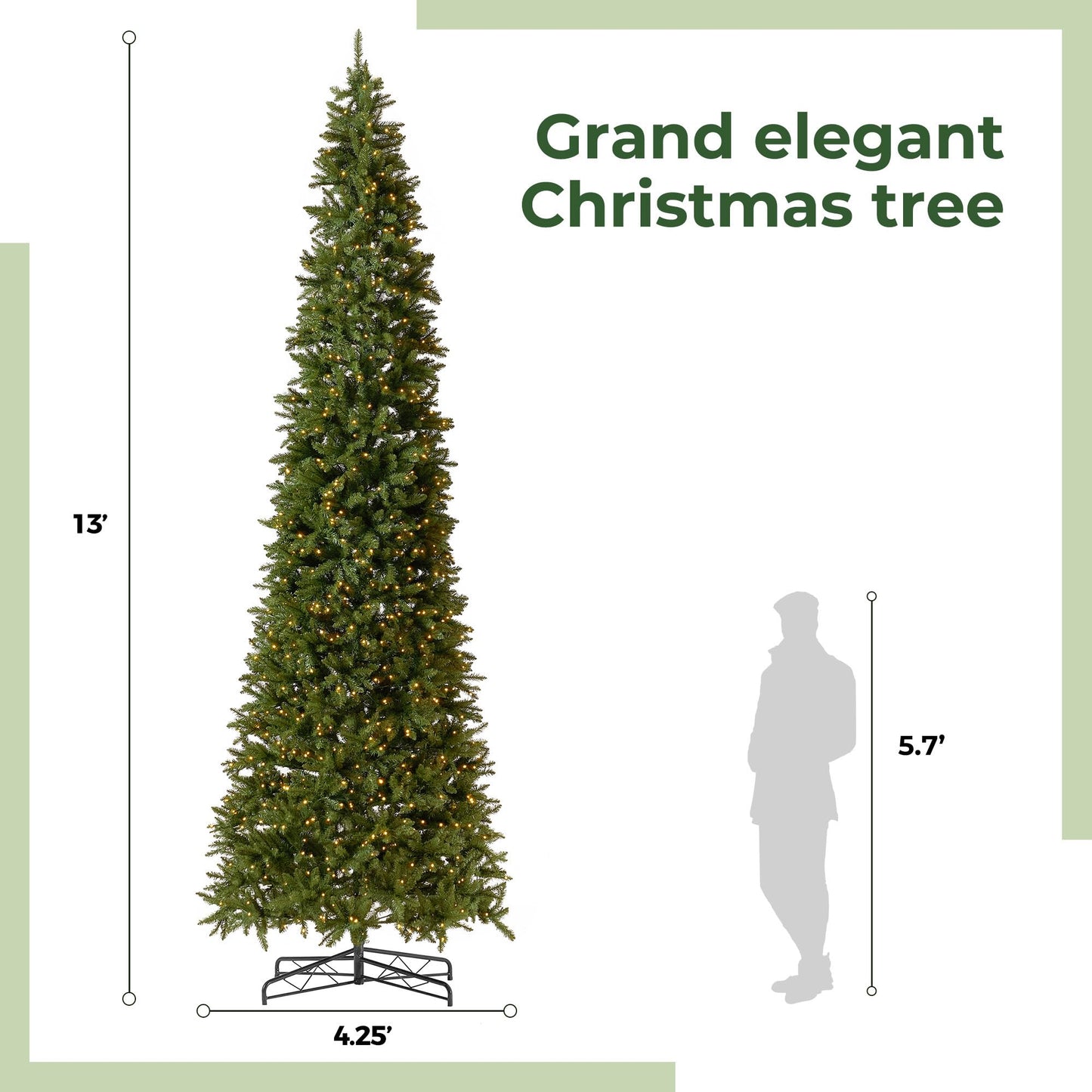 13ft. Artificial Slim Green Mountain Pine Christmas Tree with 1360 Warm White LED Lights and 3924 Bendable Branches