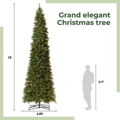 13ft. Artificial Slim Green Mountain Pine Christmas Tree with 1360 Warm White LED Lights and 3924 Bendable Branches