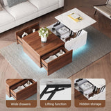 Svimi Modern Lift Top Coffee Table & 65" TV Stand Set of 2, Extendable LED Entertainment Center with Power Outlets/Hidden Storage(Walnut Brown & White Coffee Table + Walnut Brown TV Stand) Svimi