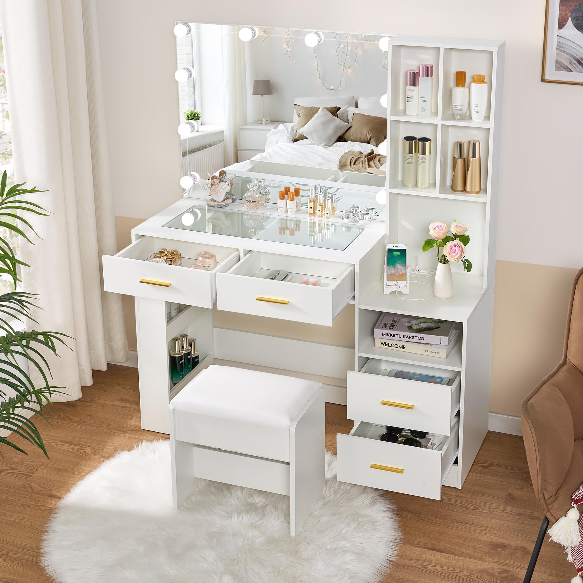 BEWISHOME White Vanity Desk with Mirror and Lights,Vanity with Glass Top,Makeup Vanity Set Makeup Desk Dressing Table,Vanity Table with Charging Station,Drawers,Nightstand,Makeup Table Vanity - WoodArtSupply