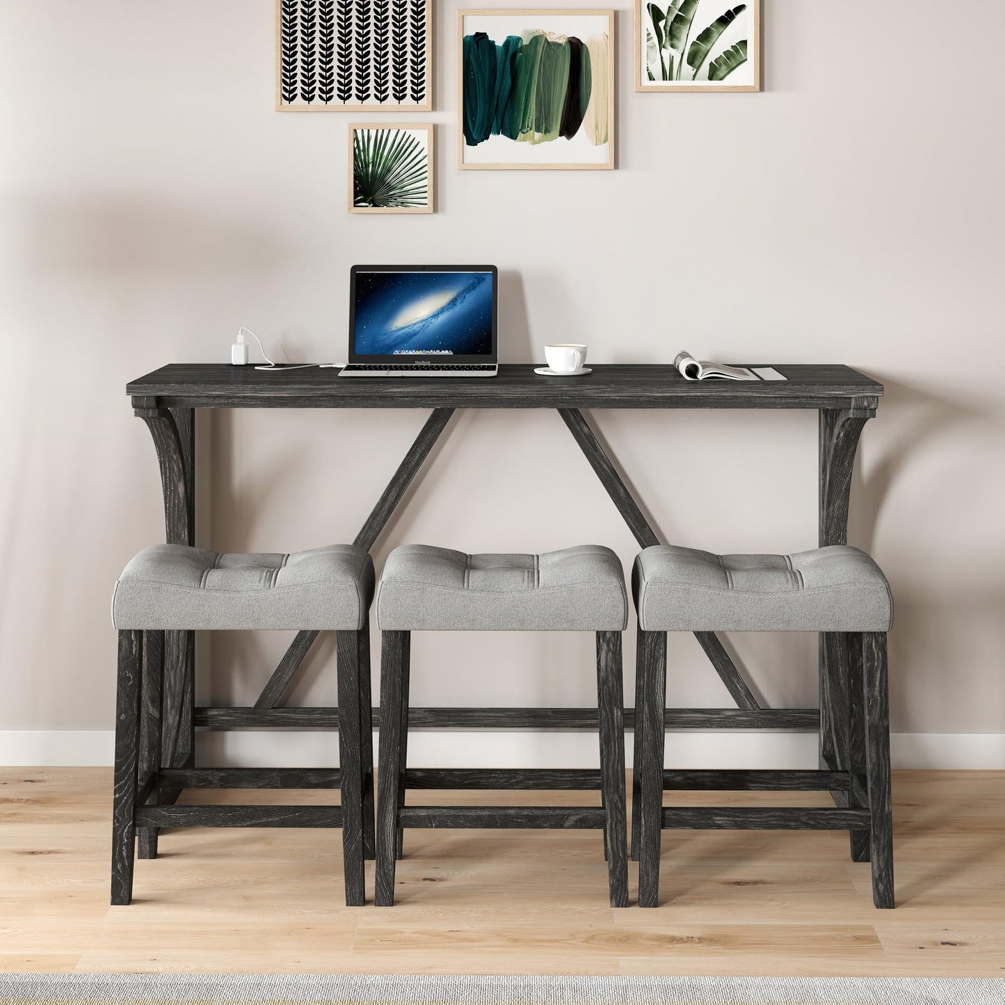 Holaki Industrial Bar Table and Chairs Set with USB Port - 4 Piece Grey and Black Console Table and Padded Stools - WoodArtSupply