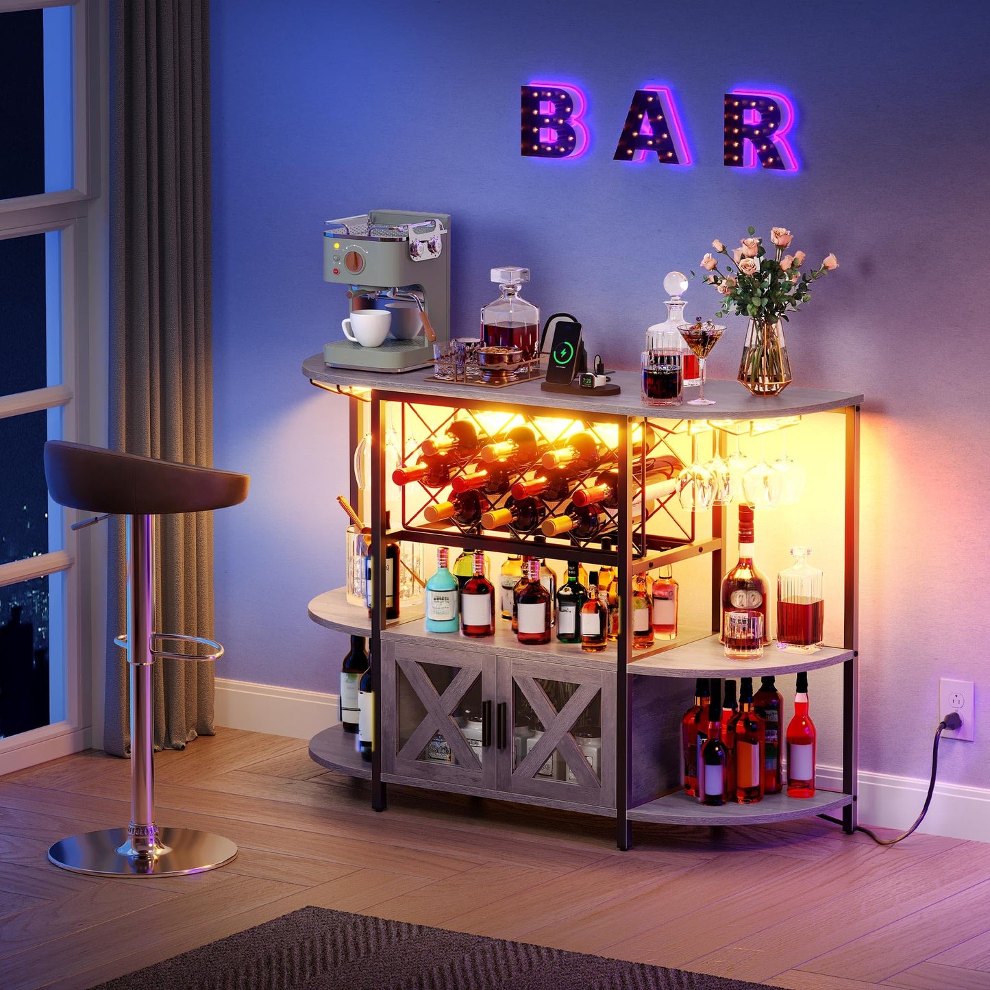 YITAHOME Bar Table Cabinet with Power Outlet, LED Home Mini Coffee Bar Cabinet for Liquor, Metal Wine Cabinet Bar Stand with 4-Tier Storage and 2 Doors, Wash Grey