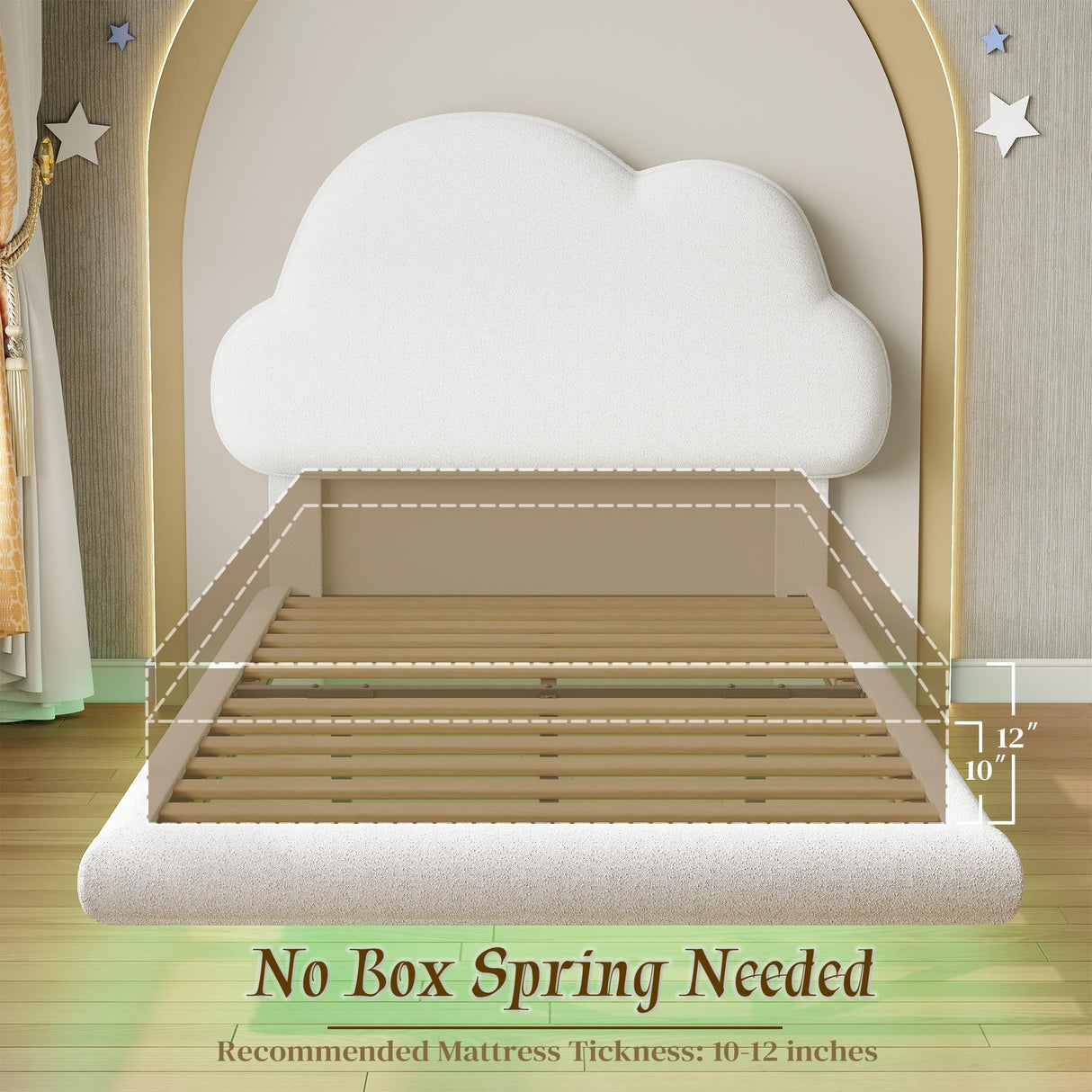 LIKIMIO Twin Bed Frames with Cloud Headboard, Upholstered Boucle Floating Platform Bed with LED Lights, Solid Wooden Slats Support, No Box Spring Needed, Easy Assembly, White LIKIMIO