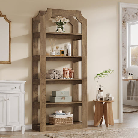 LITTLE TREE 70" Tall 5-Tier Wooden Bookshelf, Farmhouse Bookcase with 31.5in Wide Floor Standing Book Shelves, Freestanding Vintage Storage Shelf for Living Room, Office & Bedroom, Library LITTLE TREE