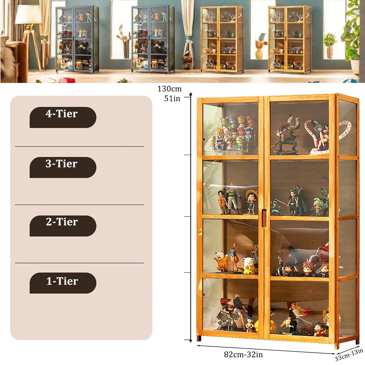 4-Tier Curio Cabinets with Acrylic Doors 51in Display Cabinet Natural Bamboo Frame,Safe and Healthy,Double Door Design for Convenient Storage,Sealed Dustproof,Easy to Clean,Brown,32 * 13 * 51in