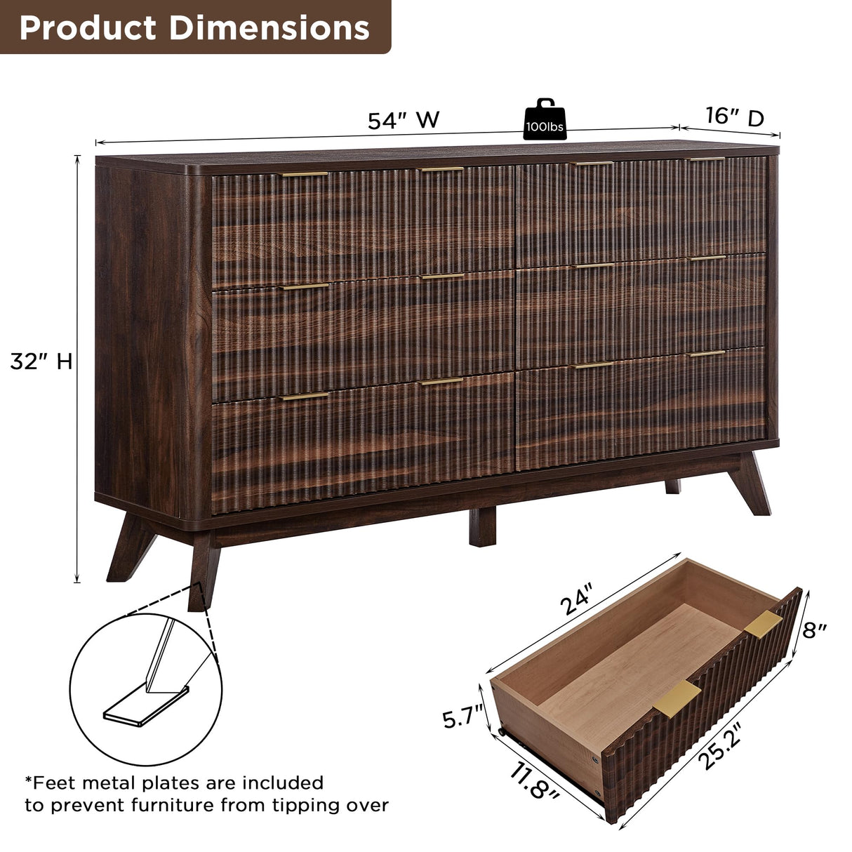 T4TREAM Fluted 6 Drawers Dresser, 54" Wide Modern Chest of Drawers, Curved Profile Design, Dresser TV Stand, Wood Drawer Organizer for Bedroom, Living Room, Hallway, Dark Walnut T4TREAM