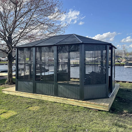 Domi 13 x 13 Sunroom Octagonal Solarium,Screen Houses for Outdoors Backyard with Lockable Sliding Door,Moveable PC Screen,Galvanized Steel Sloping Roof domi outdoor living