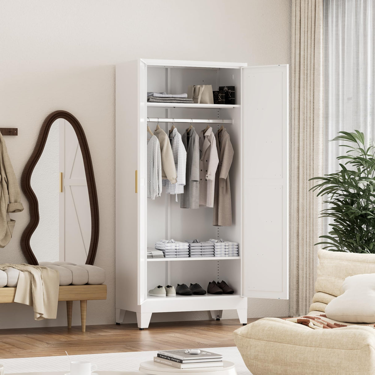 Washsemba 71'' Farmhouse Metal Wardrobe Cabinet with Hanging Rod, 2 Barn Door Wardrobe Closet with 2 Adjustable Shelves,for Dining Room,Bedroom,Living Room, Cloak Room,Office (White) Washsemba