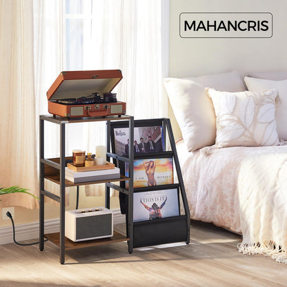 MAHANCRIS Record Player Stand, Turntable Stand with Vinyl Storage, 3-Tier Record Player Storage Holds Up to 210 Albums Record Player Table with Charging Station for Living Room, Rustic Brown  - WoodArtSupply