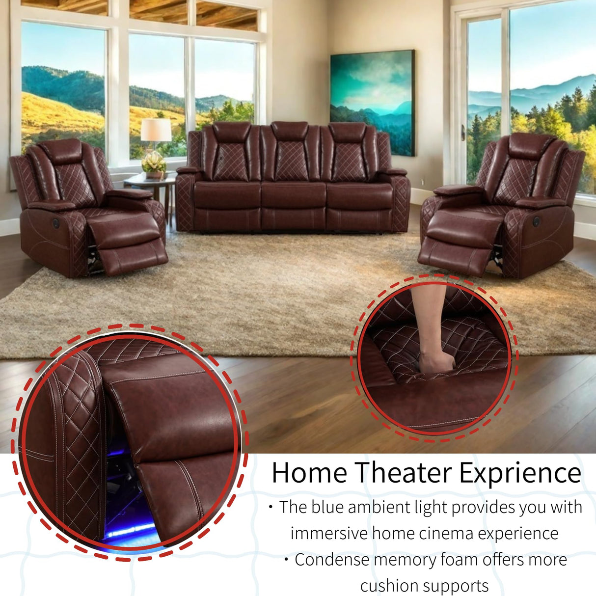 AYCP Furniture Power Recliner Set with LED Lights, Air Leather Reclining Set with USB Port/Wireless Charger/Storage Console/Cup Holder for House/HomeTheater/Apt (Burgundy, Sofa+2Chairs) AYCP Furniture