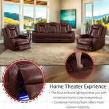 AYCP Furniture Power Recliner Set with LED Lights, Air Leather Reclining Set with USB Port/Wireless Charger/Storage Console/Cup Holder for House/HomeTheater/Apt (Burgundy, Sofa+2Chairs) AYCP Furniture