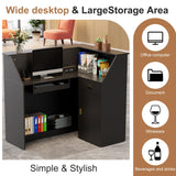 PAKASEPT Reception Desk with LED Lights, L-Shaped Modern Front Desk with Glass Display Shelf, Reception Counter Table for Lobbies, Salons, Retail, Home Offices (Black) PAKASEPT