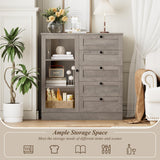 HOSTACK 5 Drawer Dresser with Door, Storage Cabinet with Drawers and Shelves, Wide Wood Dresser, Modern Chest of Drawers Organizers for Living Room, Kitchen, Hallway HOSTACK