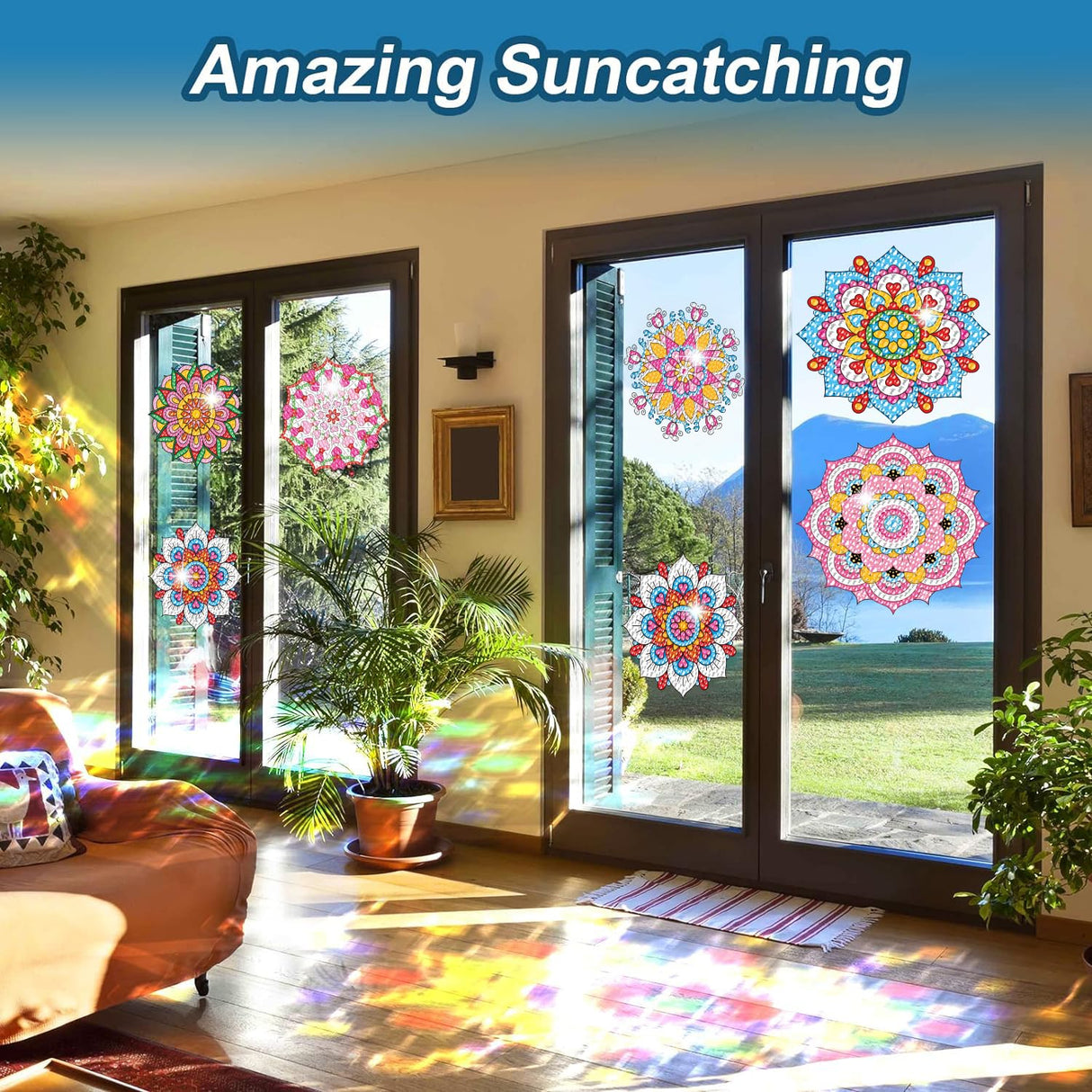 MEIEST 6 PCS Diamond Art Painting Kits for Suncatchers Mandala Art Stained Glass Window Clings, Mosaic Painting by Numbers,Window Film Static Clings 3D Decals,Art Craft Supplies (5) MEIEST