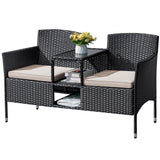 Flamaker Outdoor Furniture Patio Loveseat Wicker 2-Seat with Built-in Table and Cushions Rattan Porch Chairs Bench for Balcony, Lawn, Backyard (Beige) Flamaker