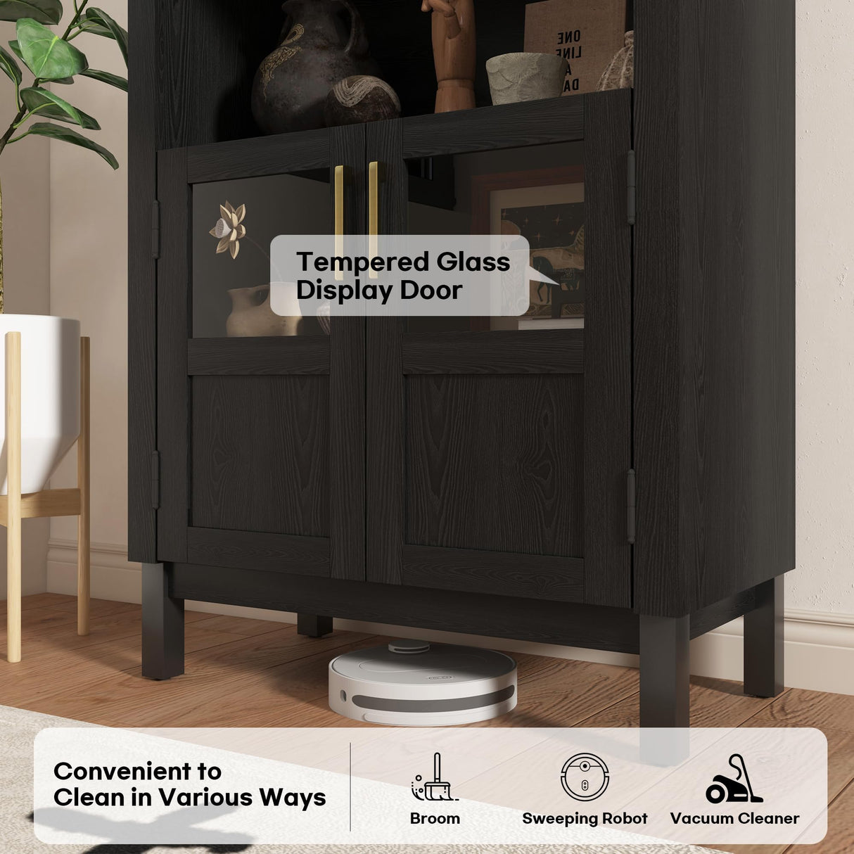 BOMETAO 70" Tall Arched Cabinet, 5-Tier Arch Bookshelf Bookcase with Open & Adjustable Shelves, Glass Door & Metal Handle, Pantry Display Storage Cabinets Cupboard for Kitchen, Living Room, Black BOMETAO