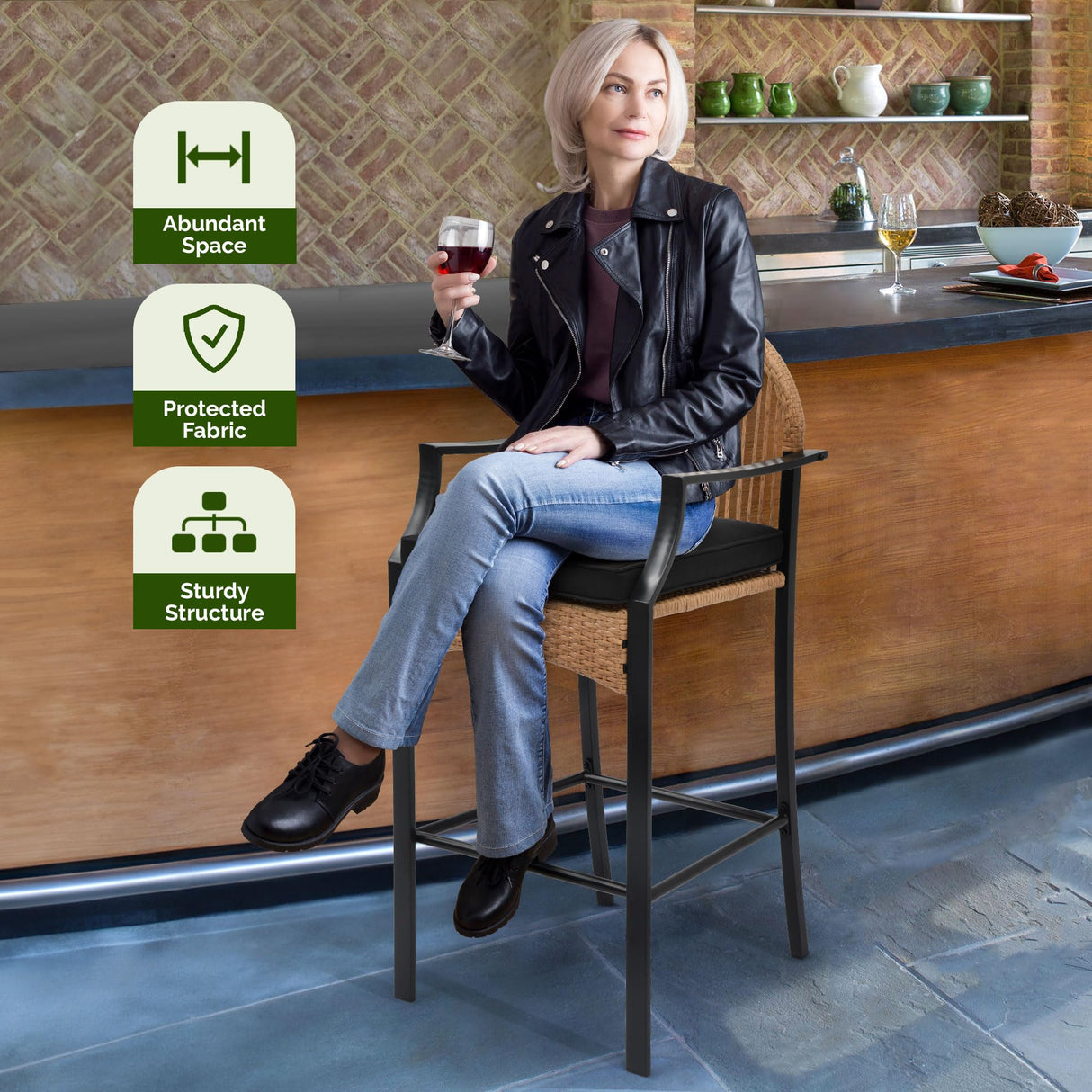 YITAHOME 3-Piece Outdoor Wicker Bar Height Set with Cushioned Barstools, Patio Bistro Furniture for Balcony and Poolside, Black+Light Yellow YITAHOME