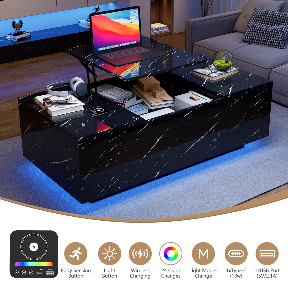 Lift Top Coffee Table, High Glossy Coffee Table with Wireless Charging and Speaker, Modern Coffee Table with 24 Colors LED Lights,Center Table with Drawer and Hidden Compartment for Living Room Black PPorfamilia