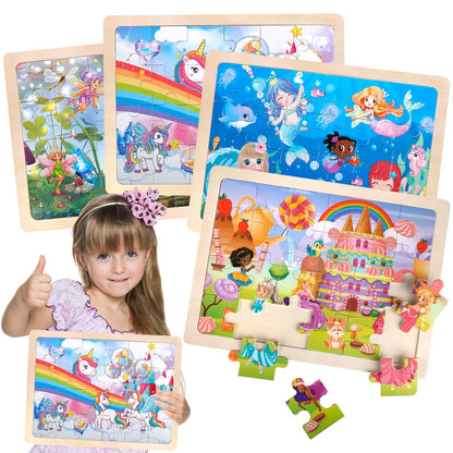 Jigsaw Puzzles Wooden Puzzles for Girls Ages 3-5 Unicorn Mermaid Princess Fairy Puzzle Preschool Educational Brain Teaser Boards Toys Gifts for 3 4 5 6 Year Old Kids 4 Packs 24 Pcs