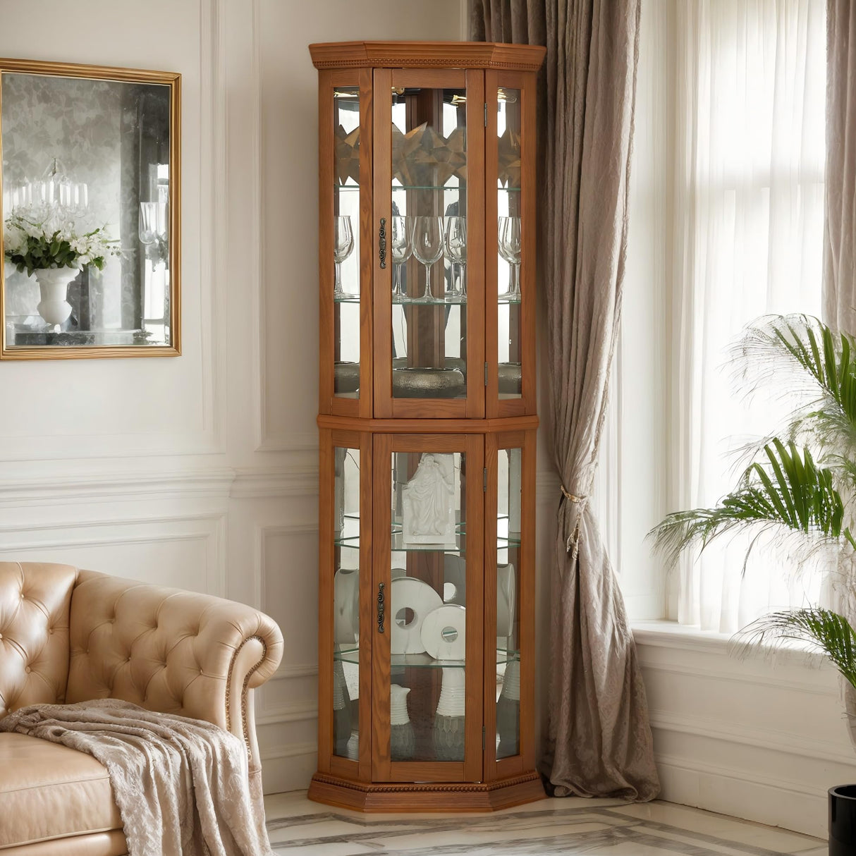 Eyisean Lighted Corner Curio Cabinet 70" Glass Display Cage with 6 Tempered Adjustable Shelves, Freestanding Home Bar Cabinet with Door, Rack for Liquor Storage and Living Room (Oak) Eyisean