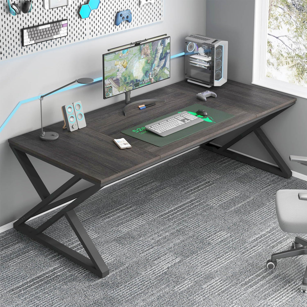 HSH Large Rustic Computer Desk, Industrial Extra Long Home Office Desk, Modern Pc Study Gaming Writing Table for Two Person, Workstation Executive Desk for Home Bedroom Living Room, Dark Gray, 70 Inch HSH