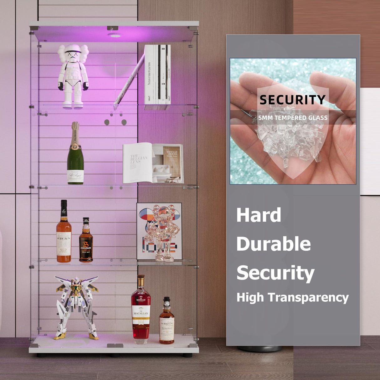 nifoti 64.5" H 4-Shelf LED Lights Glass Display Cabinet with Double Door,Modern Curio Cabinet Collection Display Case,Floor Standing Bookshelf Glass Case with Lock for Living Room,Home Office (White) nifoti