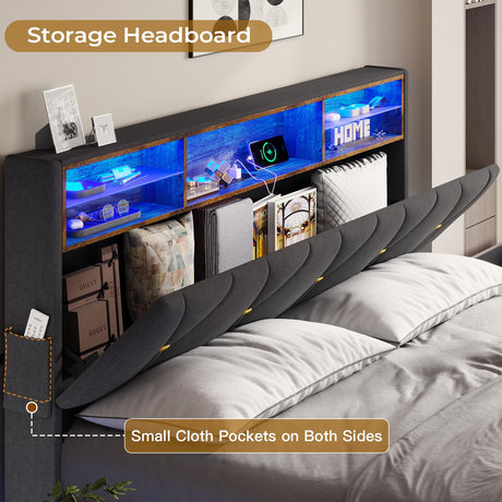 BTHFST Full Size Bed Frame with Outlets and USB Ports, Full Bed Frame with LED Lights, Upholstered Platform LED Bed Frame with Storage Shelf Headboard, No Box Spring Needed, Dark Grey BTHFST