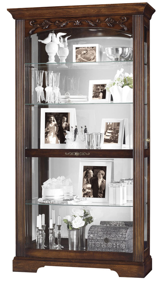 Howard Miller Hartland Curio Cabinet 680-445 – Hampton Cherry Finish, Heavily Distressed, Glass Shelves, Five Level Display Case, Locking Slide Door, Halogen Light Switch