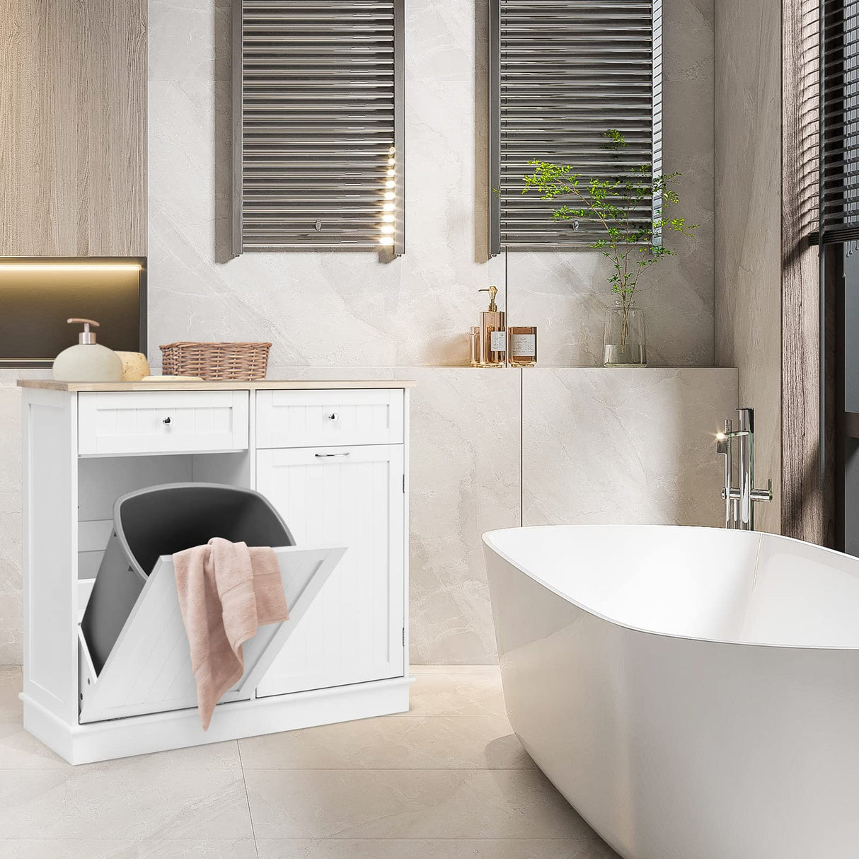 LOKO Tilt Out Trash Cabinet, Kitchen Trash Cabinet with 2 Drawers & Adjustable Shelf, Pet Proof Trash Can Cabinet with Rubber Wood Tabletop, 39.5 x 14 x 35.5 inches (White) LOKO