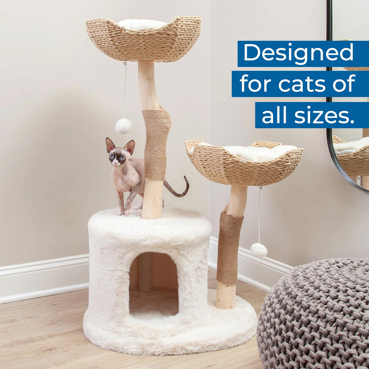 Habitat Haven The Bungalow Cat Tree - Luxury Cat Condo, Large Modern Indoor Tower with 2 Faux Fur Beds, Scratching Posts, Toys, and Den for Cats, 23.5-Inch Width x 18-Inch Depth x 43-Inch Height Habitat Haven