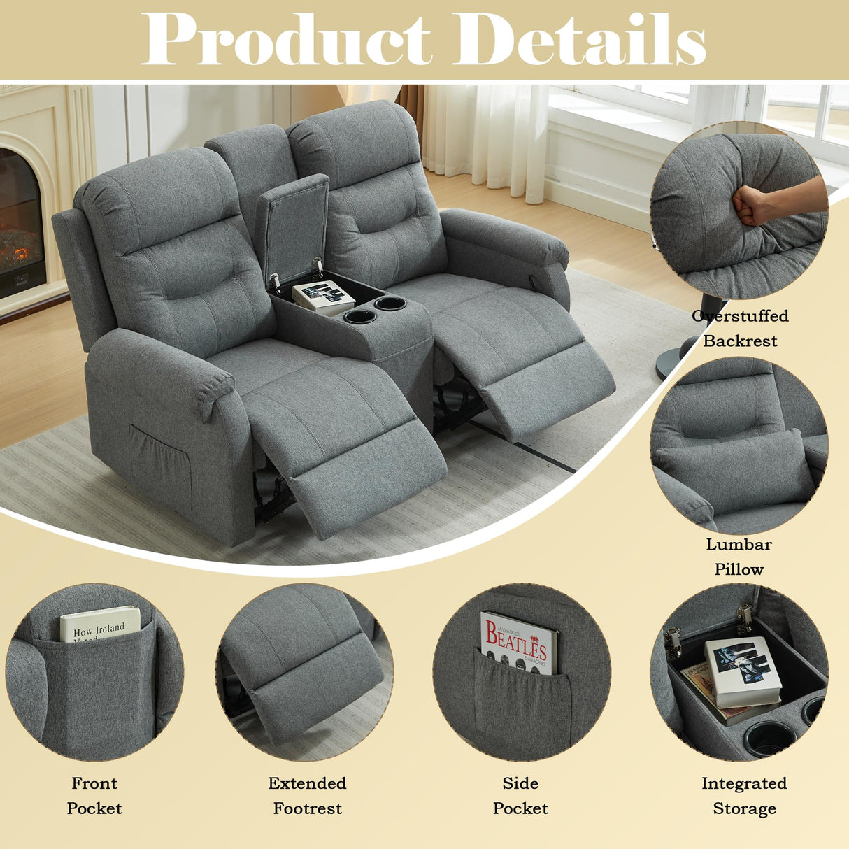 DRMBOOK RV Loveseat Recliner Sofa, Linen Double Wall Hugger Reclining Sofa with Console, Home Movie Theater Seating Chair with Cup Holders, Oversized 2 Person Couch Furniture for Living Room, Grey DRMBOOK