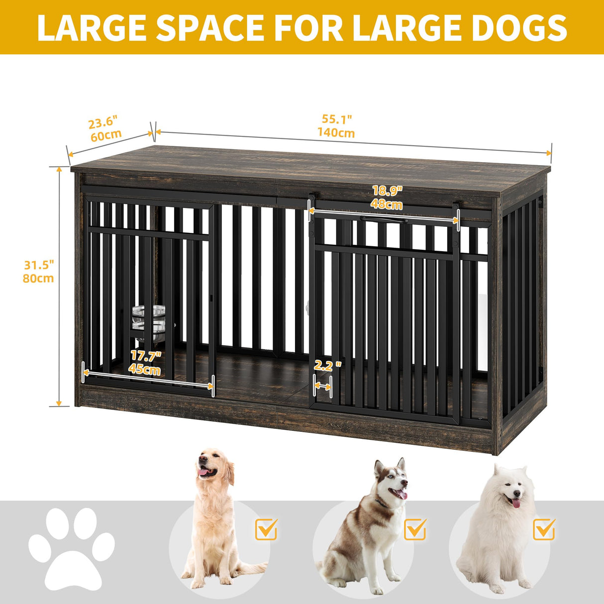 DWVO 55" Extra Large Dog Crate Furniture, Heavy Duty Metal Dog Kennel TV Stand with Sliding Door, Wooden Dog Cage Table with Dog Bowl for Extra Large Medium Dogs or 2 Small Dogs Black Oak DWVO