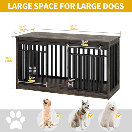 DWVO 55" Extra Large Dog Crate Furniture, Heavy Duty Metal Dog Kennel TV Stand with Sliding Door, Wooden Dog Cage Table with Dog Bowl for Extra Large Medium Dogs or 2 Small Dogs Black Oak DWVO