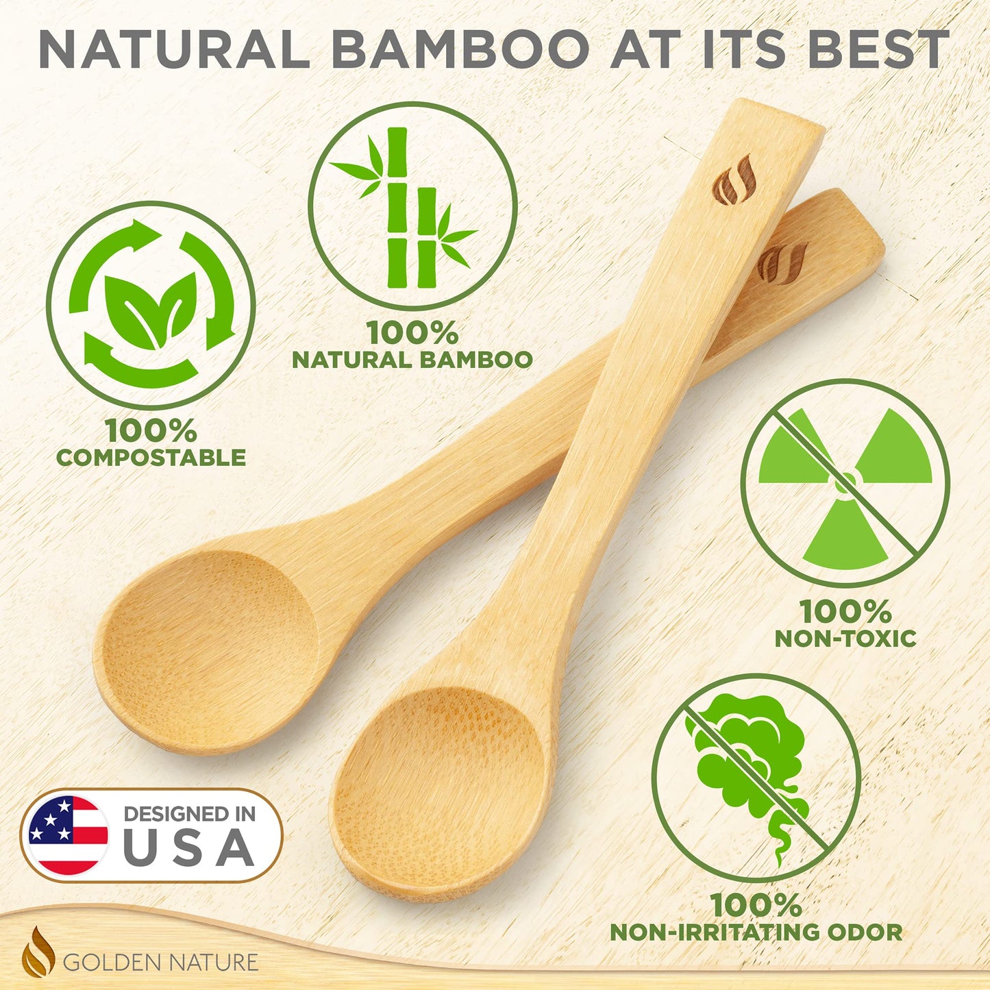 Golden Nature Bamboo Spoon Set (5 Pc), Small Kitchen Teaspoons, Tiny Wooden Spoons Perfect for Sugar, Spices, Seasoning, Coffee, Jam, Herbs, Honey & Dessert