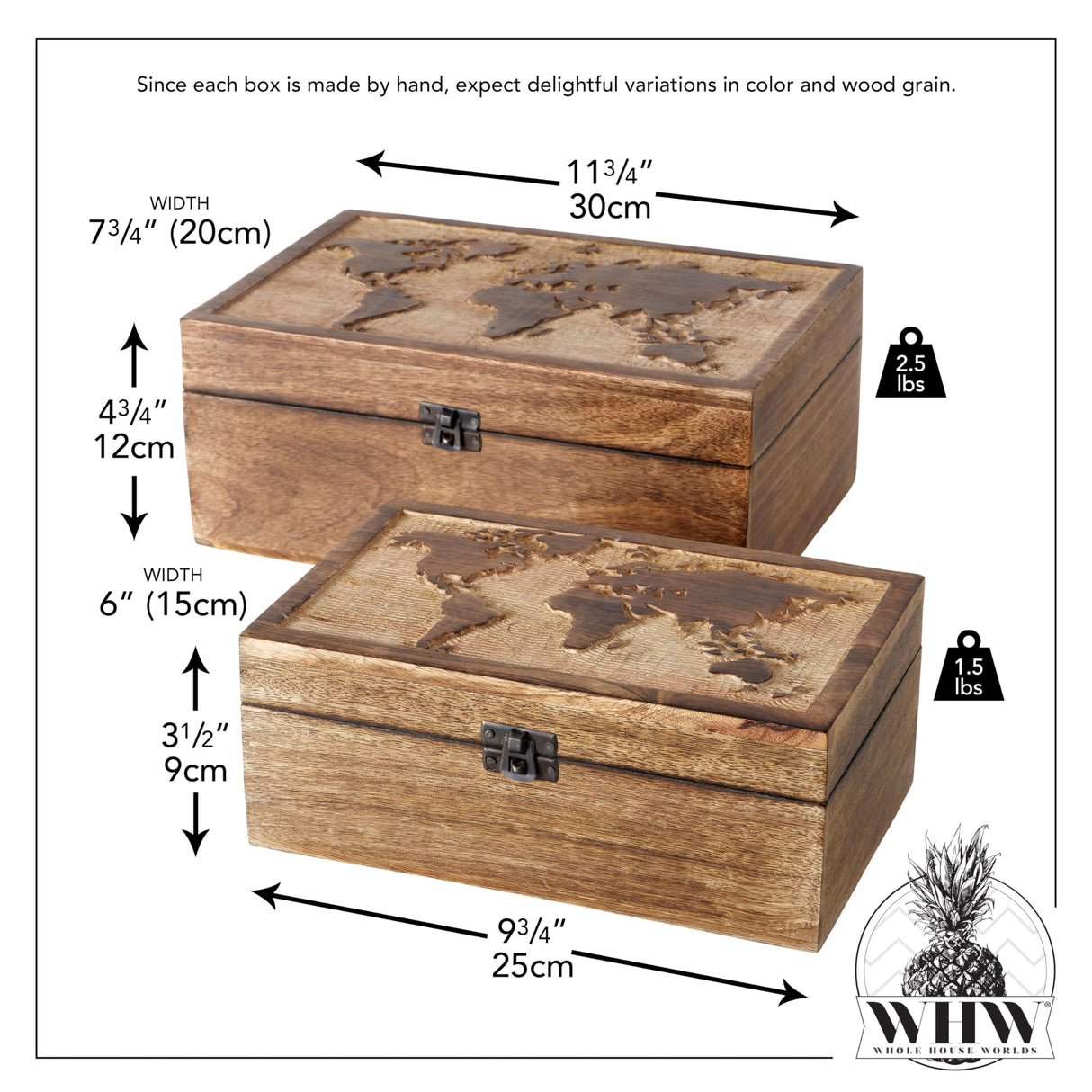 WHW Whole House Worlds World Map Boxes, Set of 2, Handmade, Mango Wood, Decorative, Raised Relief Details, 11.75 Inches WHW Whole House Worlds