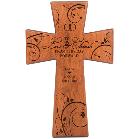 LifeSong Milestones Personalized Wedding Gifts for Couples Custom laser Engraved for Bride and Groom Gift ideas Wedding Wall Cross To Love & Cherish From This Day Forward Made of cherry wood in USA LifeSong Milestones