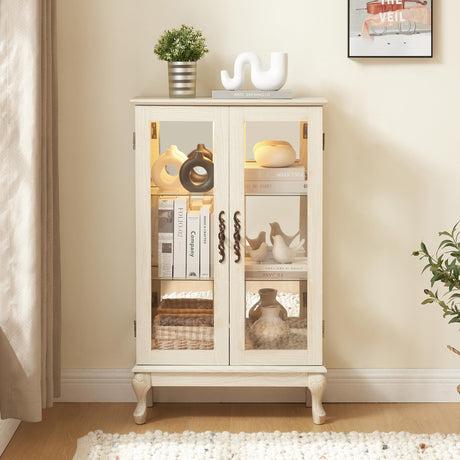 Curio Cabinet with Tempered Glass Doors, Lighted Display Cabinet with Mirrored Back Panel and Adjustable Shelves, Retro Floor Storage Cabinet Wooden Organizer Unit for Living Room, Antique White BAOMKONG