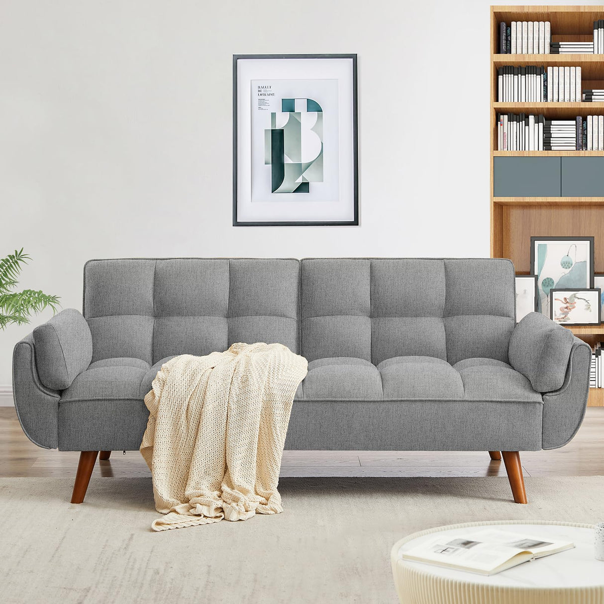 Homies Life Convertible Futon Sofa Bed, Linen Sleeper Couch, 75" W Modern 3 Seater Tufted Sofa with Adjustable Backrests and Solid Wood Legs for Living Room, Bedroom, Small Space, Gray Homies Life