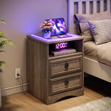 Night Stand Set of 2, Nightstands with LED Light, End Table Bedside Table with Wood Drawers, for Living Room, Bedroom, Sofa, Gray HolliWill