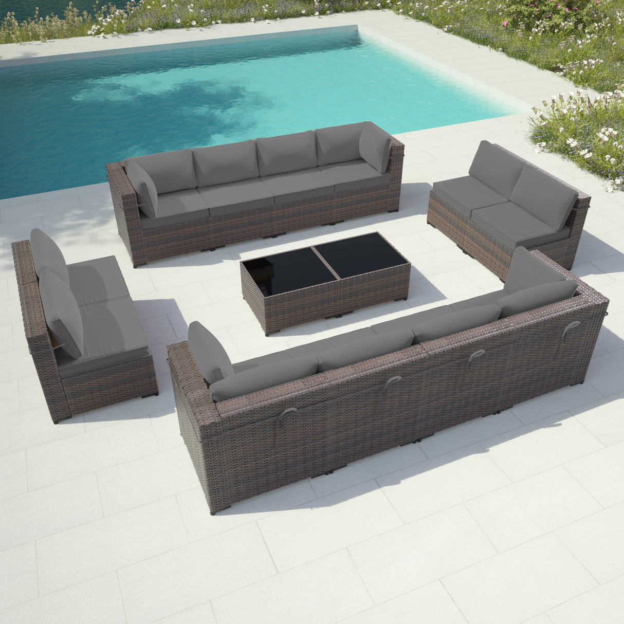 Gotland 14 Pieces Patio Furniture Set Outdoor Sectional Wicker Furniture All-Weather PE Rattan Patio Conversation Sets w/12 Replaceable Grey Waterproof Cushions and 2 Coffee Table Gotland