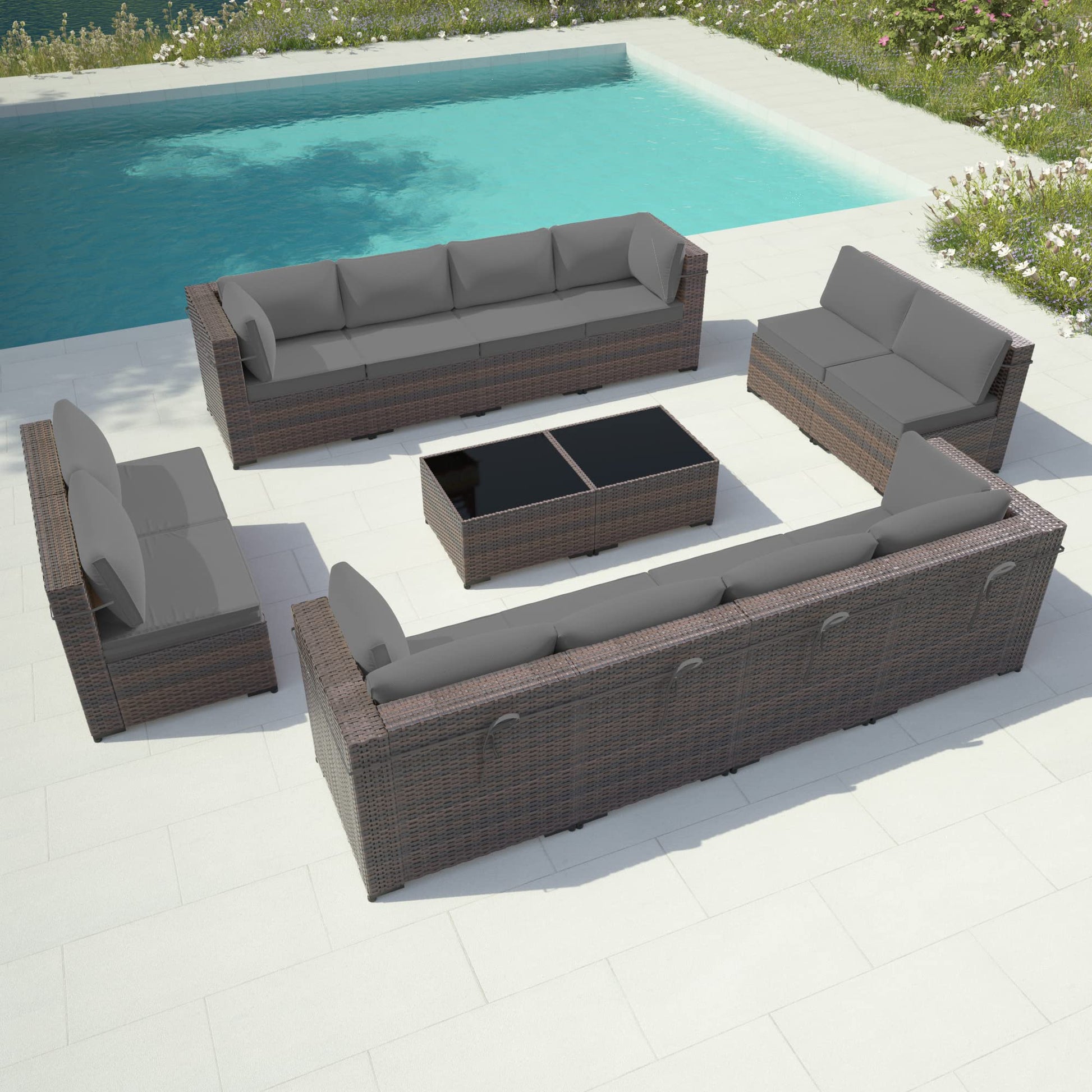 Gotland 14 Pieces Patio Furniture Set Outdoor Sectional Wicker Furniture All-Weather PE Rattan Patio Conversation Sets w/12 Replaceable Grey Waterproof Cushions and 2 Coffee Table - WoodArtSupply