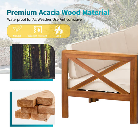 5-Piece Acacia Wood Outdoor Sofa Set Patio Bistro Set Furniture Outdoor Chat Conversation Table Chair Set with Water Resistant Cushions and Coffee Table for Beach Backyard Garden PayLessHere