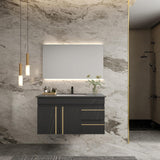 36 Inch Modern Wall Mounted Bathroom Vanity with Ceramic Sink Combo.Solid Wood Floating Bathroom Vanity Cabinet 2 Drawers and 2 Doors,Quick Assembly. Black. Glintee