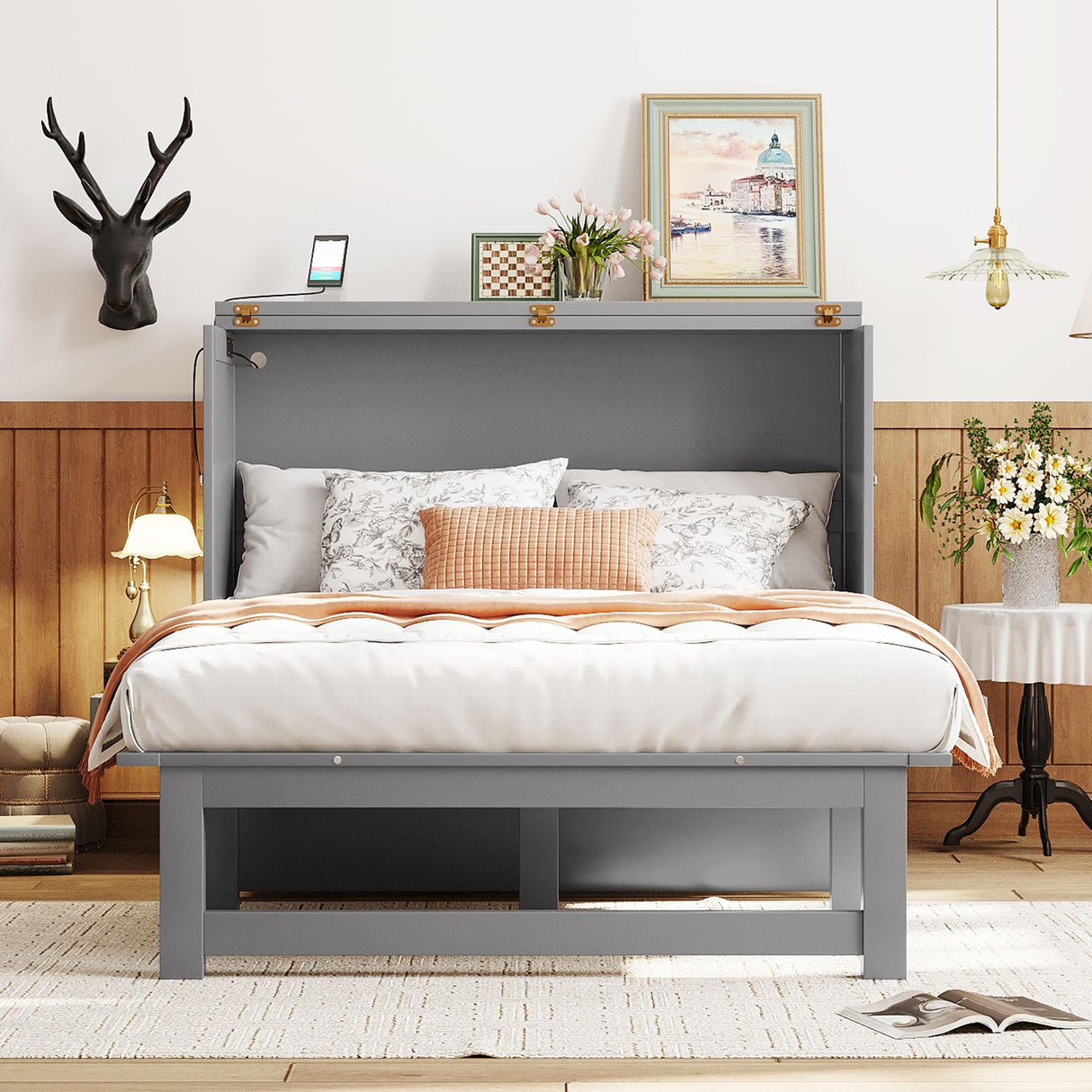 Harper & Bright Designs Full Size Murphy Bed with USB Port, Wooden Full Bed Frame with 2 Removable Desk, Foldable Cube Cabinet Full Platform Bed, Modern Murphy Bed for Guest Room Home Office, Gray Harper & Bright Designs